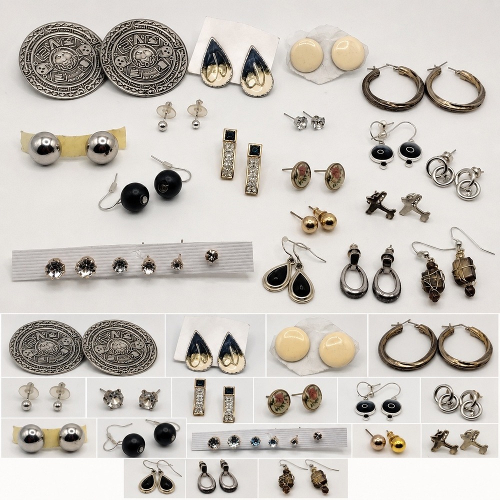 Mixed Fashion Earring Lot 17 Pairs Stud Hoop Dangle Silver Gold Tone Black Blue